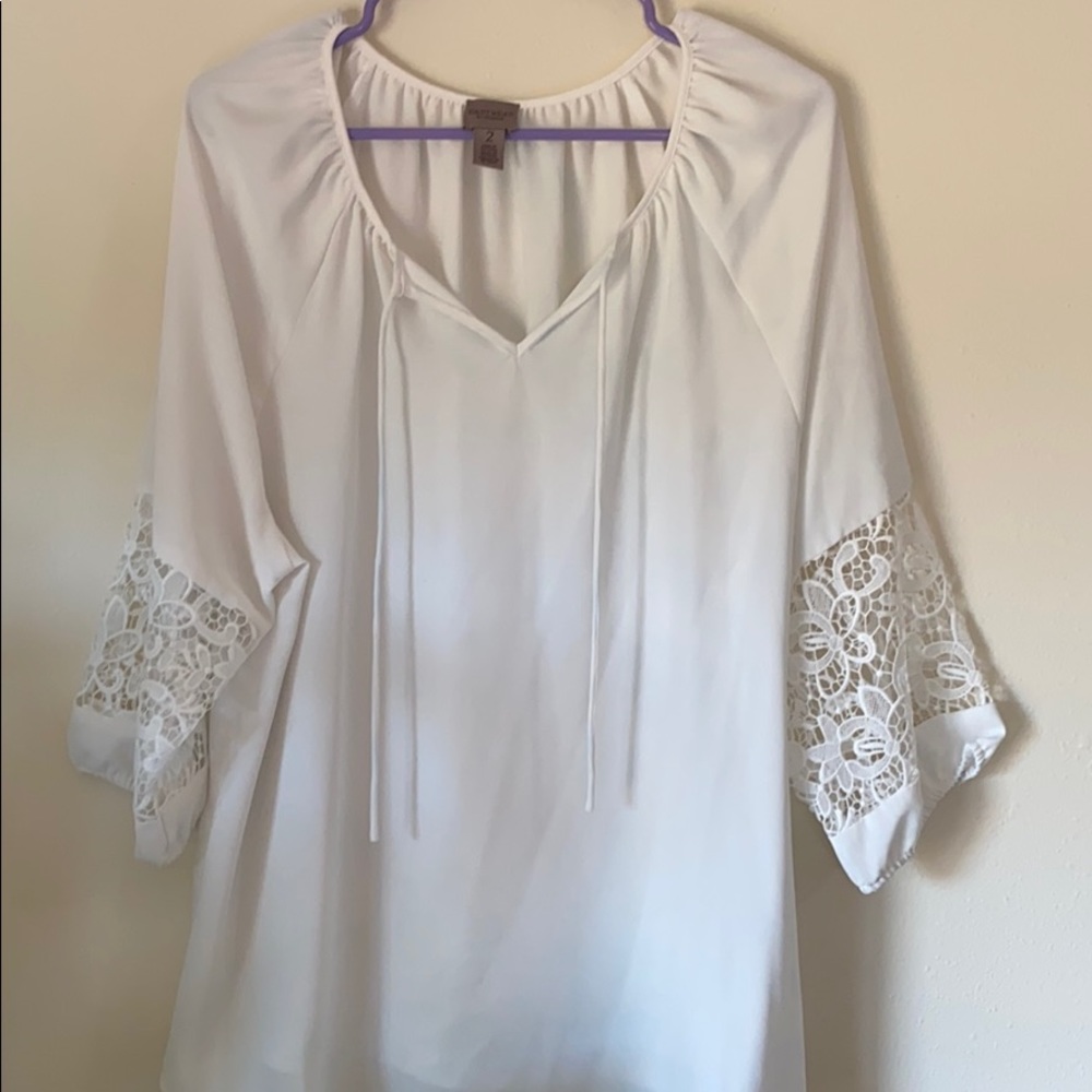 Chico’s silky blouse with lace sleeves